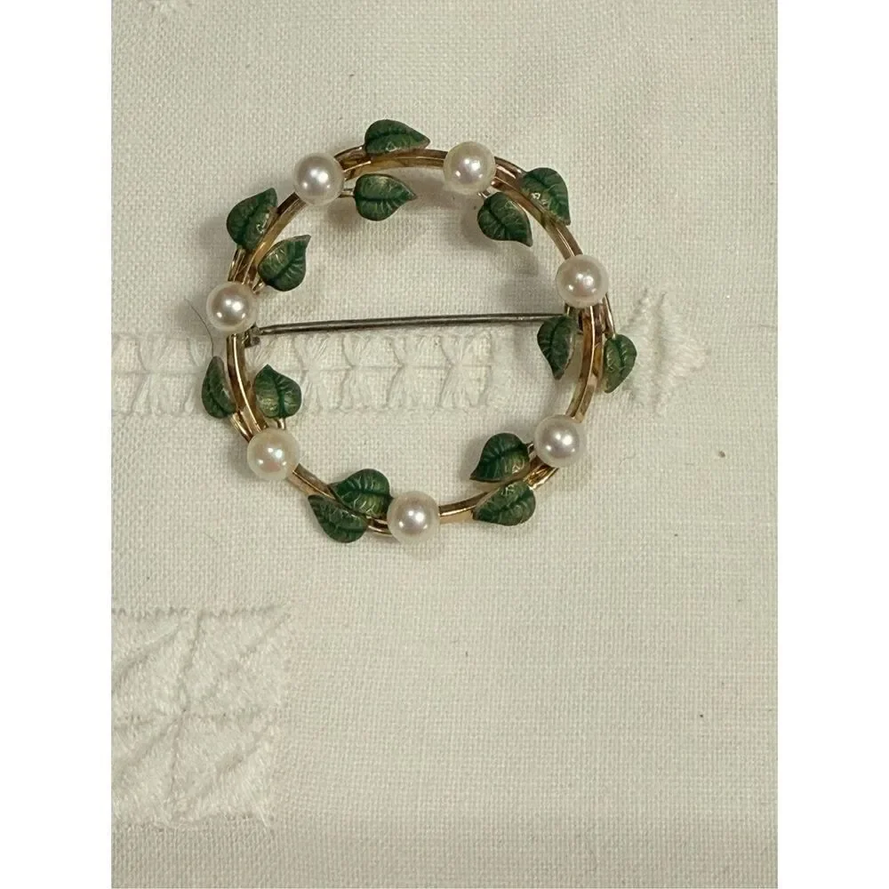 Vintage Krementz Wreath Pearl Green Leaf Gold Fill Brooch